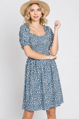 Blue Printed Puff Sleeve Dress