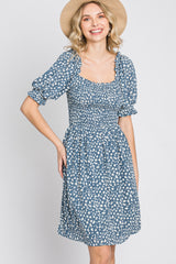 Blue Printed Puff Sleeve Dress