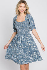 Blue Printed Puff Sleeve Dress