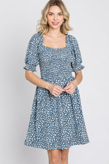 Blue Printed Puff Sleeve Dress