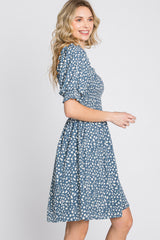 Blue Printed Puff Sleeve Dress