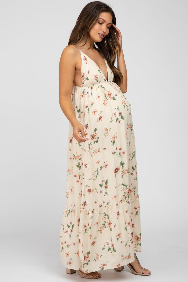Cream Floral Front Tie Ruffle Hem Maternity Maxi Dress– PinkBlush
