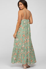 Green Floral Front Tie Ruffle Hem Maternity Maxi Dress