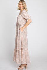 Taupe Plaid Square Neck Tiered Midi Dress