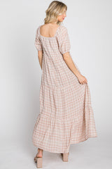 Taupe Plaid Square Neck Tiered Midi Dress