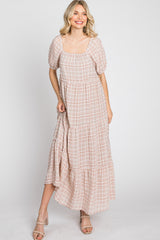 Taupe Plaid Square Neck Tiered Midi Dress