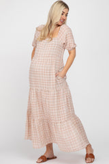 Taupe Plaid Square Neck Tiered Maternity Midi Dress