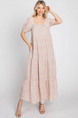 Taupe Plaid Square Neck Tiered Midi Dress