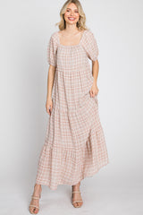 Taupe Plaid Square Neck Tiered Midi Dress