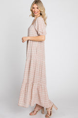 Taupe Plaid Square Neck Tiered Midi Dress