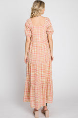 Salmon Plaid Square Neck Tiered Midi Dress