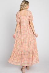 Salmon Plaid Square Neck Tiered Midi Dress