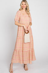 Salmon Plaid Square Neck Tiered Midi Dress