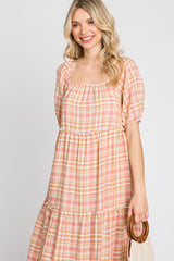 Salmon Plaid Square Neck Tiered Midi Dress