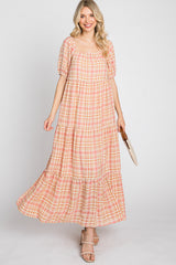 Salmon Plaid Square Neck Tiered Midi Dress