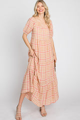 Salmon Plaid Square Neck Tiered Maternity Midi Dress