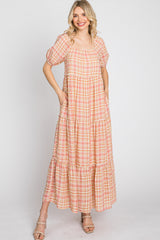 Salmon Plaid Square Neck Tiered Midi Dress