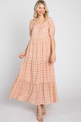 Salmon Plaid Square Neck Tiered Midi Dress