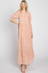 Salmon Plaid Square Neck Tiered Midi Dress