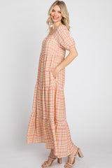 Salmon Plaid Square Neck Tiered Midi Dress