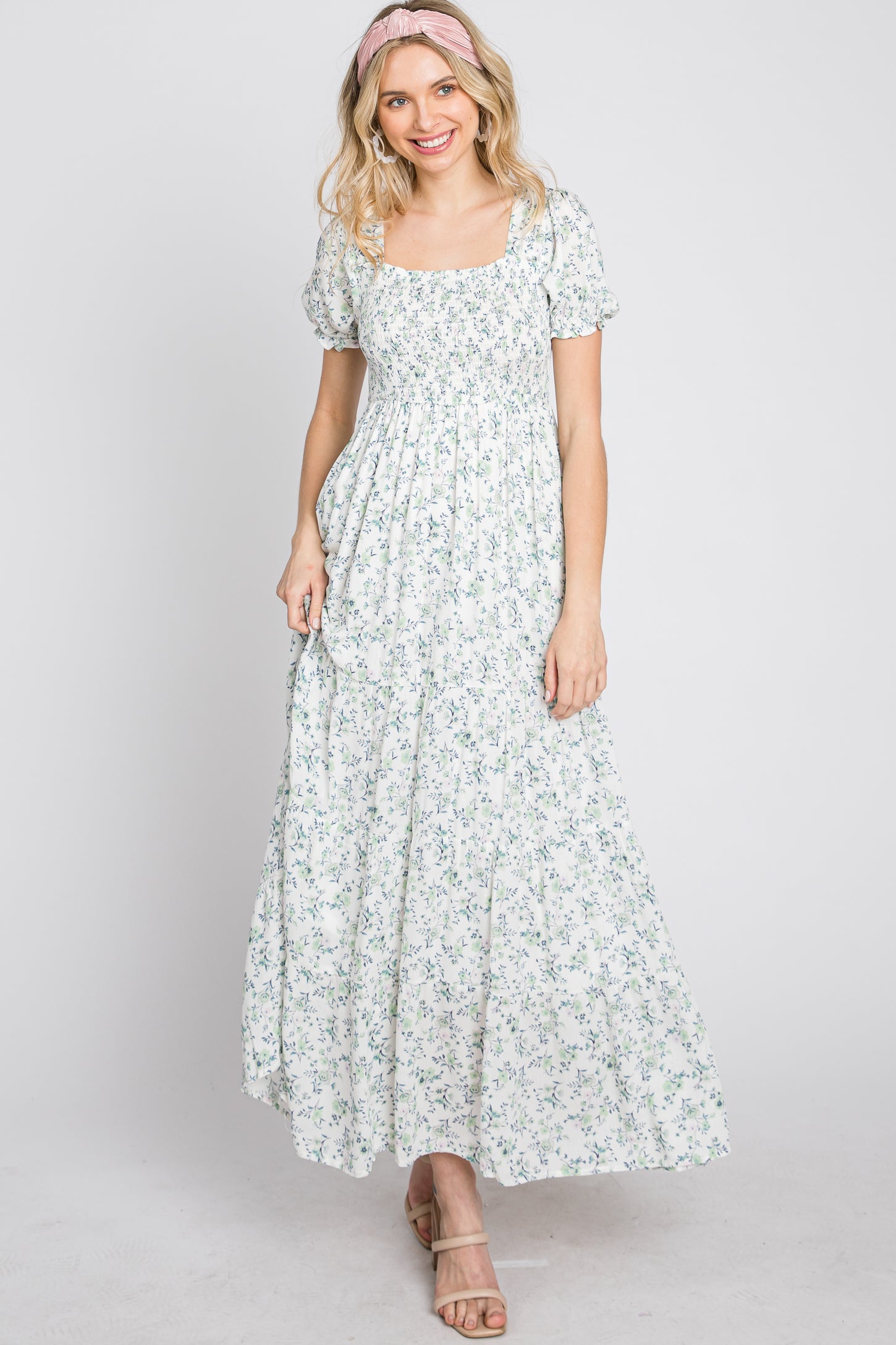 Ivory Floral Smocked Tiered Maternity Maxi Dress– PinkBlush