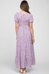 Lavender Floral Smocked Tiered Maternity Maxi Dress