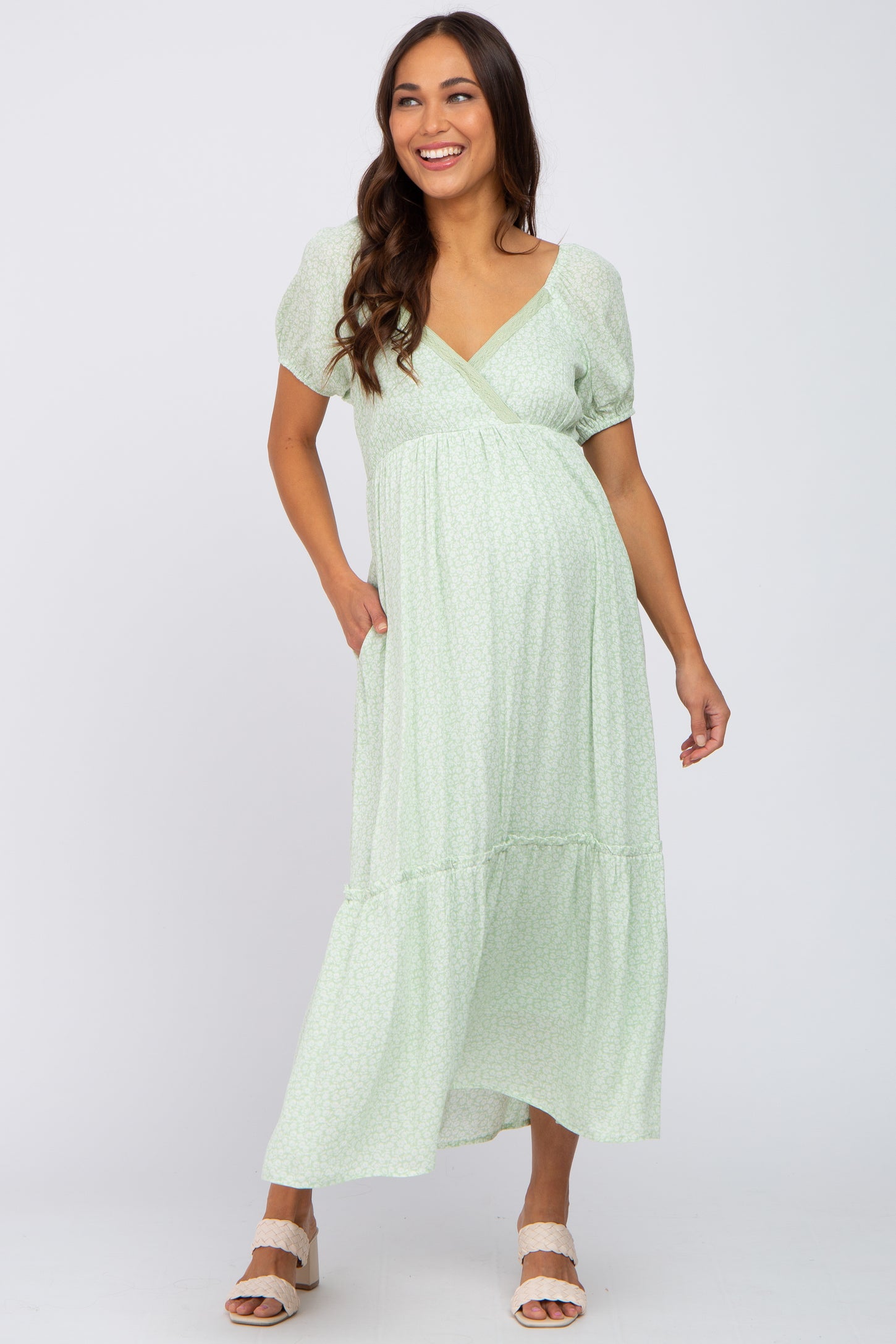 Mint Green Floral Crochet Wrap Front Maternity Midi Dress– PinkBlush