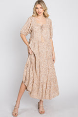 Taupe Floral Square Neck Front Tie Tiered Maternity Mid Dress