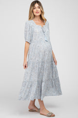 Blue Floral Square Neck Front Tie Tiered Maternity Mid Dress