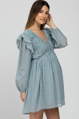 Light Blue Textured Ruffle Accent Maternity Dress