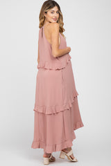 Pink Halter Neck Ruffle Accent Maternity Maxi Dress