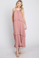 Pink Halter Neck Ruffle Accent Maxi Dress