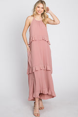 Pink Halter Neck Ruffle Accent Maxi Dress