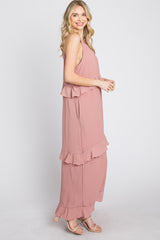 Pink Halter Neck Ruffle Accent Maxi Dress