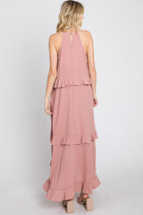 Pink Halter Neck Ruffle Accent Maxi Dress