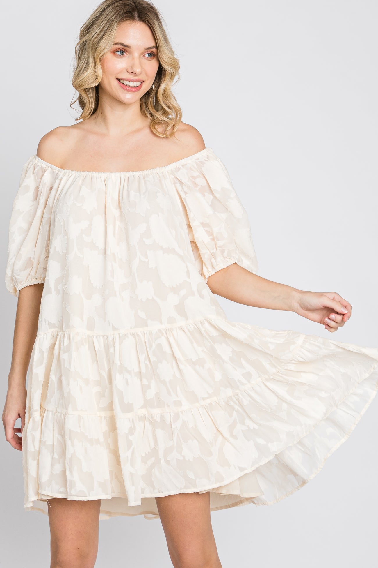 Cream Floral Burnout Puff Sleeve Dress– PinkBlush