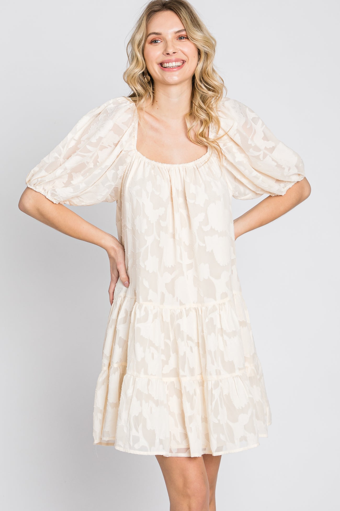 Cream Floral Burnout Puff Sleeve Dress– PinkBlush