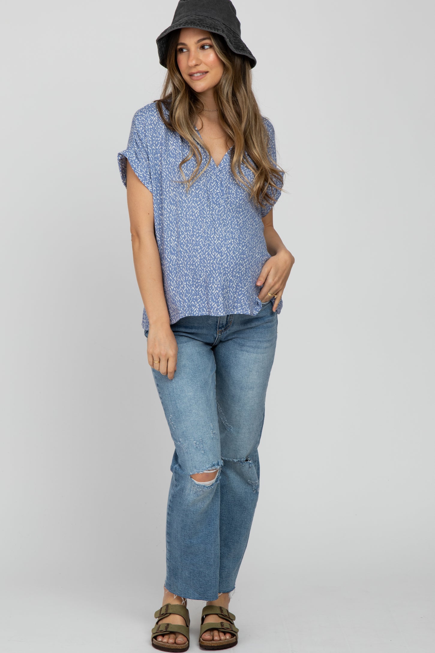 Blue Printed Collared V-Neck Maternity Top – PinkBlush