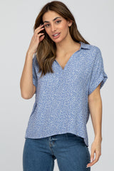 Blue Printed Collared V-Neck Maternity Top