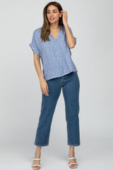 Blue Printed Collared V-Neck Top