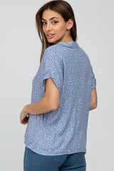 Blue Printed Collared V-Neck Top