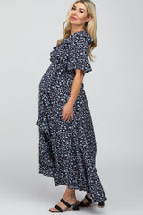 Black Floral Ruffle Wrap Hi-Low Maternity Dress