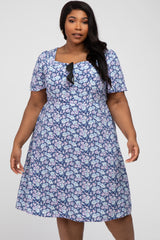 Navy Floral Sweetheart Neck Plus Dress