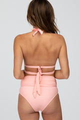 Pink Tie Front Side Strap Bikini Set