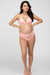 Pink Tie Front Side Strap Maternity Bikini Set