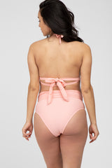 Pink Tie Front Side Strap Maternity Bikini Set