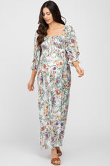 Ivory Multi-Color Floral Smocked Maternity Maxi Dress