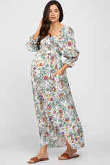 Ivory Multi-Color Floral Smocked Maternity Maxi Dress