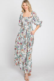 Ivory Multi-Color Floral Smocked Maxi Dress