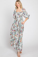 Ivory Multi-Color Floral Smocked Maternity Maxi Dress